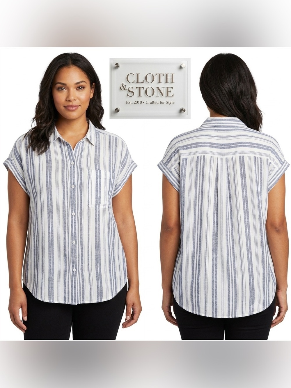 Cloth & Stone Button Up Cuffed Cap Sleeve Collar Top Large - Picture 1 of 10